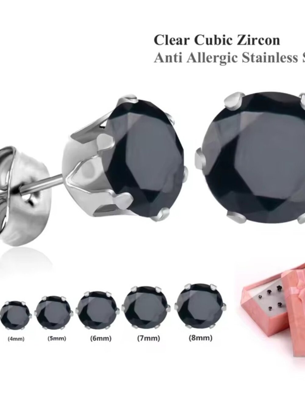 Stainless Steel Anti-Allergy Earrings, Cubic Zirconia Black N Silver, 6-pair box